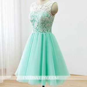 Short Lace Teal Tulle Grad Dress